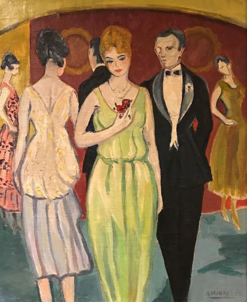 French Oil on Canvas by Rene Mendes of the Ballroom: Title: French Oil on Canvas by Rene Mendes of the Ballroom Description: Description 1: An oil on canvas by Rene Mendes of the ballroom in a gilt frame. René Mendes-France (1888-1985) is an
