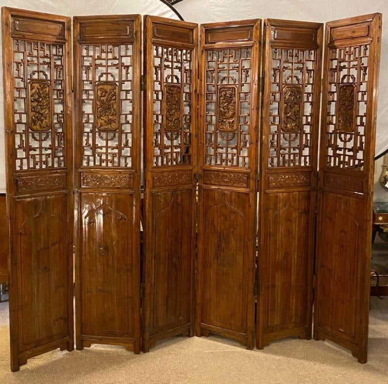 Six-Panel Teak Asian, early 20th Century Folding Screen / Room Divider - 12