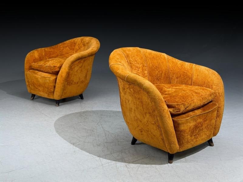 Federico Munari Style, Lounge Chairs, Fabric, Ebonized Wood, Italy, 1960s - 4