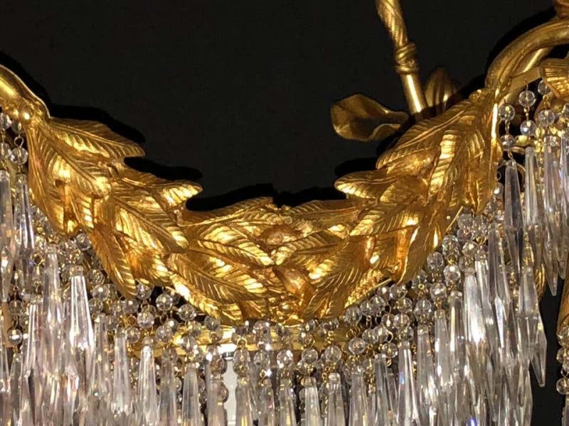 Pair of Bronze Louis XVI Style Crystal Ribbon and Tassle Drapery Chandeliers - 3