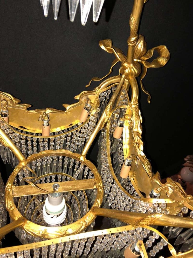 Pair of Bronze Louis XVI Style Crystal Ribbon and Tassle Drapery Chandeliers - 7
