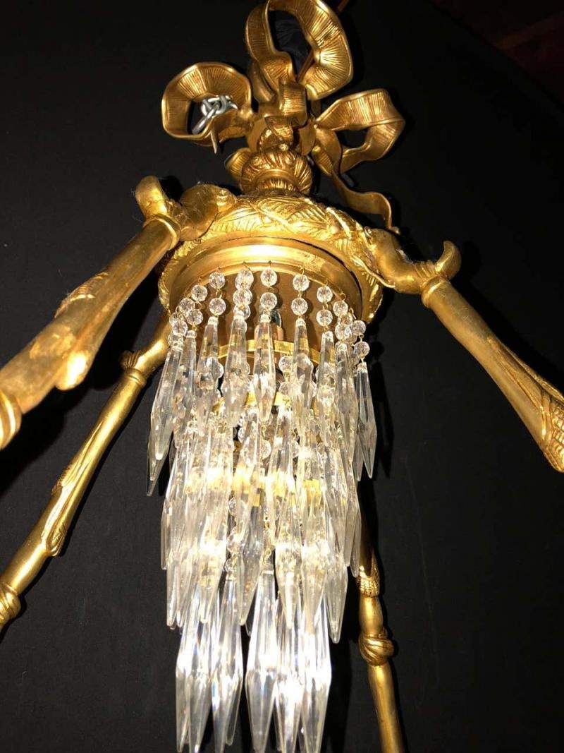 Pair of Bronze Louis XVI Style Crystal Ribbon and Tassle Drapery Chandeliers - 8