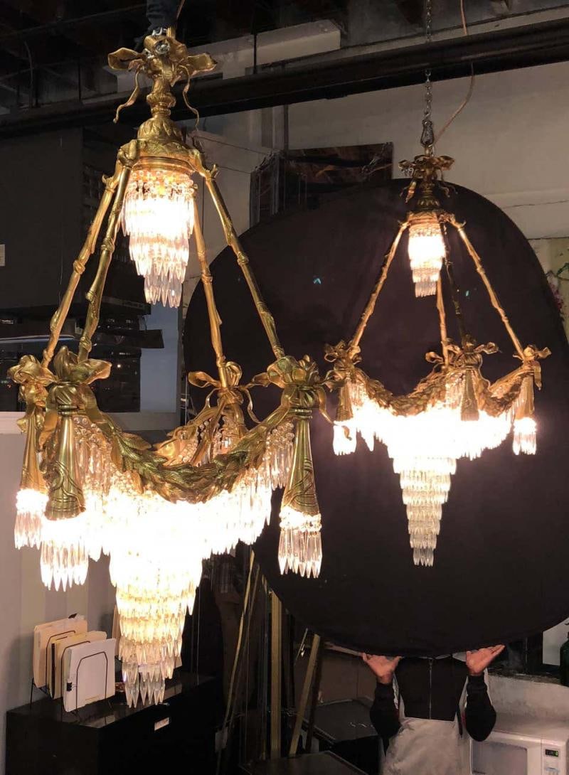Pair of Bronze Louis XVI Style Crystal Ribbon and Tassle Drapery Chandeliers - 9