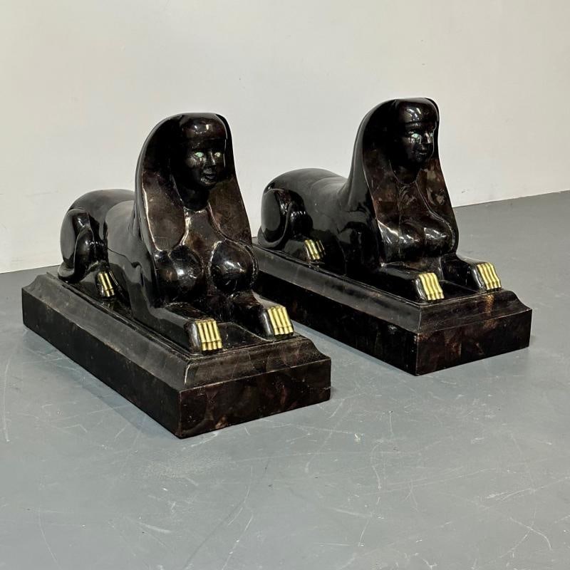 Pair of Maitland Smith Tessellated Egyptian Seated Sphinxes, Entryway - 3