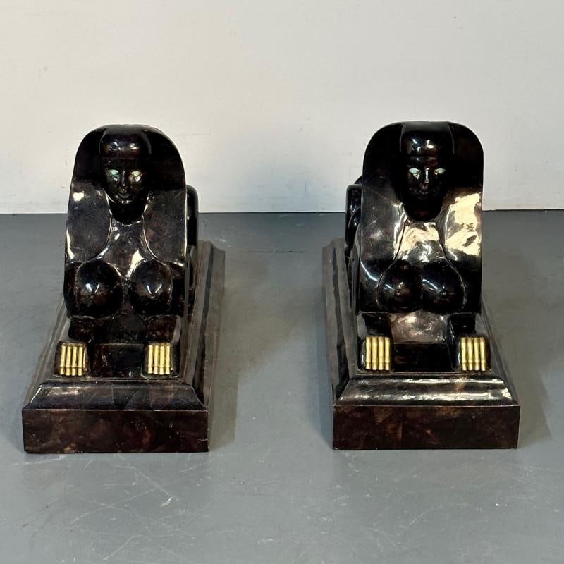 Pair of Maitland Smith Tessellated Egyptian Seated Sphinxes, Entryway - 4
