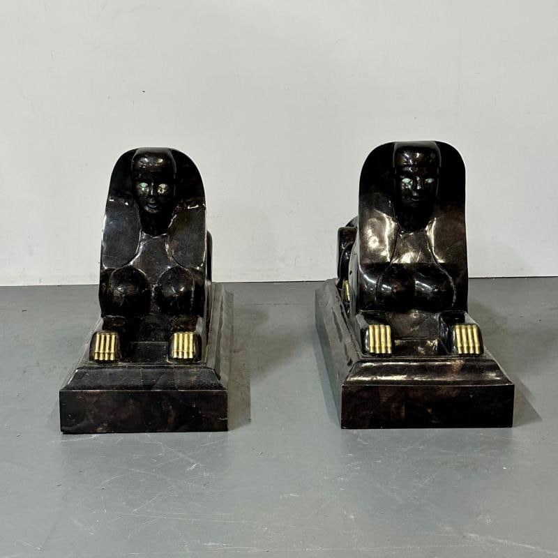 Pair of Maitland Smith Tessellated Egyptian Seated Sphinxes, Entryway - 5