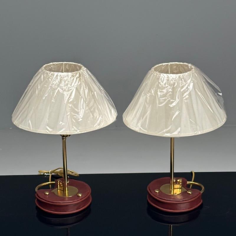 Cartier Style, Modern Key Table Lamps, Red Leather, Brass, Paper Shades - 4