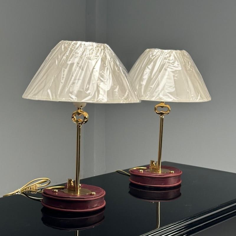 Cartier Style, Modern Key Table Lamps, Red Leather, Brass, Paper Shades - 5
