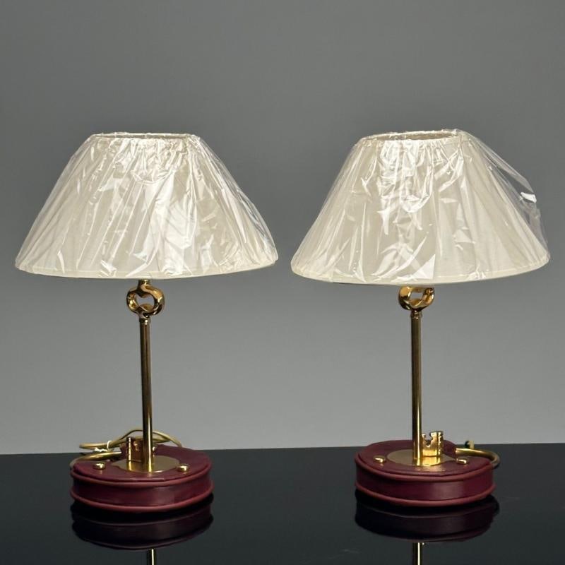 Cartier Style, Modern Key Table Lamps, Red Leather, Brass, Paper Shades - 6