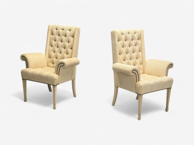 Grosfeld House, Hollywood Regency, Rolled Arm Chairs, Painted Wood, Tweed Linen - 2