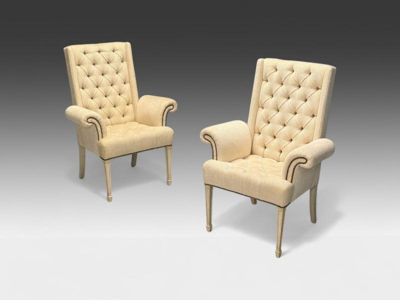 Grosfeld House, Hollywood Regency, Rolled Arm Chairs, Painted Wood, Tweed Linen - 3