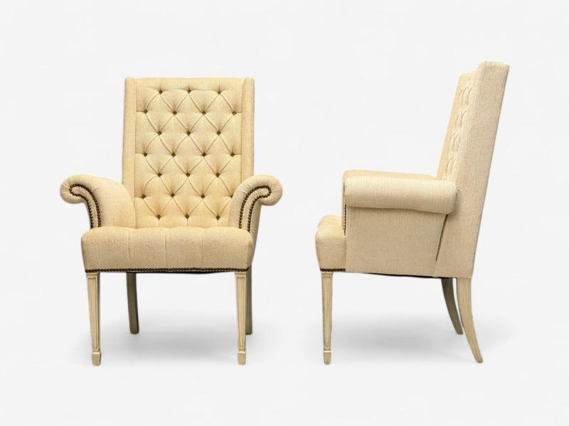 Grosfeld House, Hollywood Regency, Rolled Arm Chairs, Painted Wood, Tweed Linen - 5