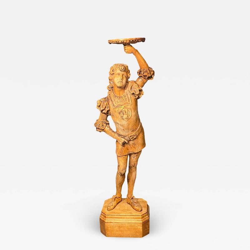 Italian Carved Wood Figural Card Stand, Receiver, Late 18th Century: Title: Italian Carved Wood Figural Card Stand, Receiver, Late 18th Century Description: Description 1: Antique Italian carved wood figural card stand or server. Life-sized figure in the form of a youn