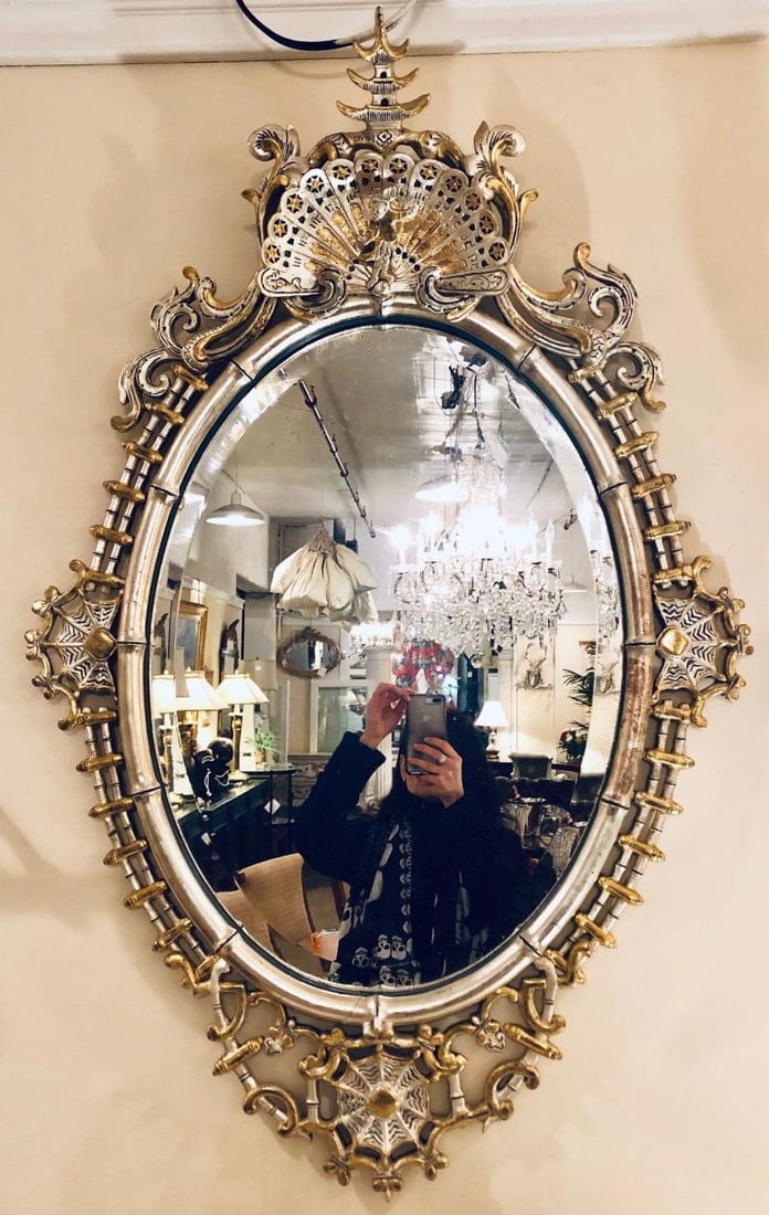 Silver and Gold Leaf Decorator Wall Mirror Having a Web Design and Dancing Bear - 7