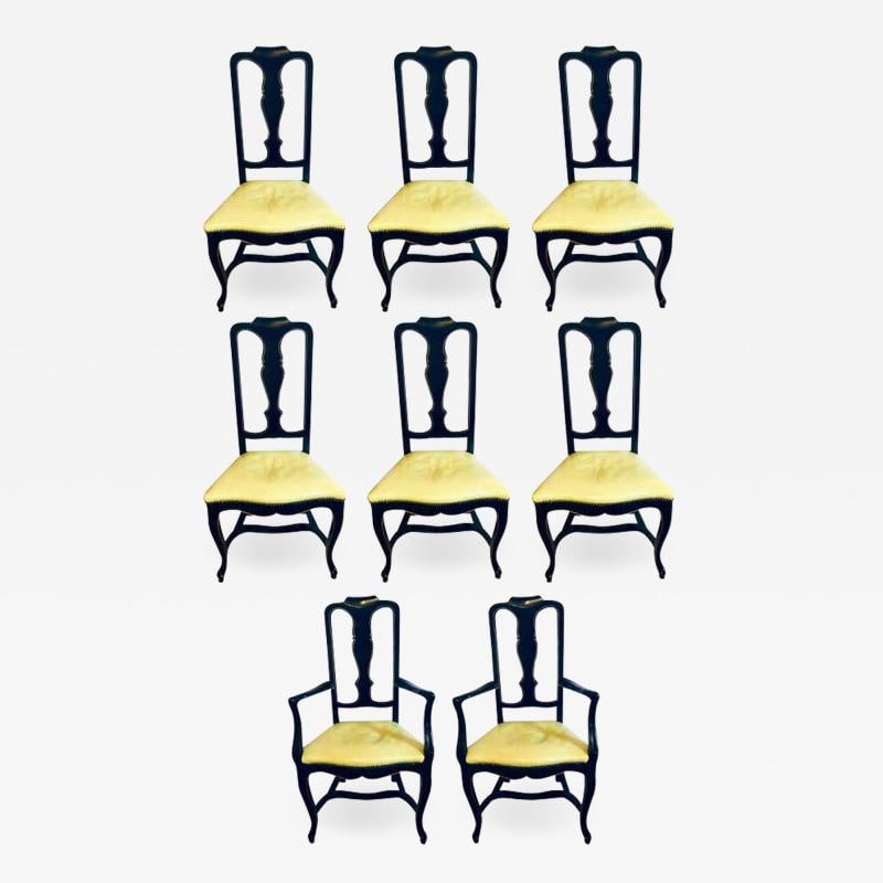 Set of Eight Queen Anne Style Ebonized and Gilt Decorated Dining Chairs: Title: Set of Eight Queen Anne Style Ebonized and Gilt Decorated Dining Chairs Description: Description 1: Set of eight Queen Anne style ebonized and gilt decorated dining chairs. These sleek and