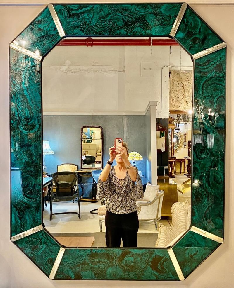 Hollywood Regency Octagonal Wall Mirrors Antiqued Malachite Style - 2