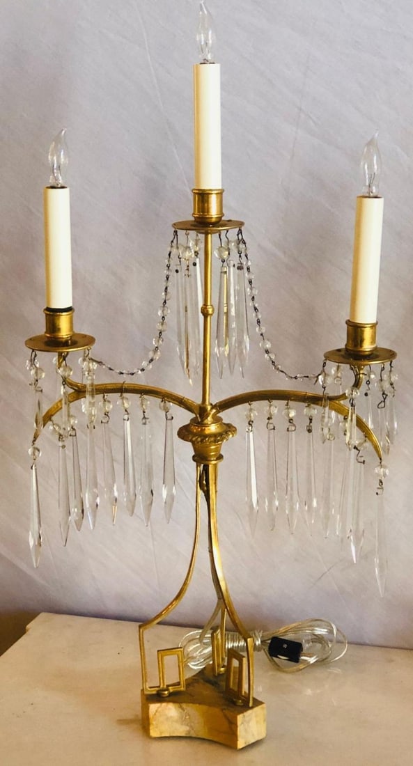 Pair of 19th Century Russian Neoclassical Table Lamp, Dore Bronze, Crystal - 12