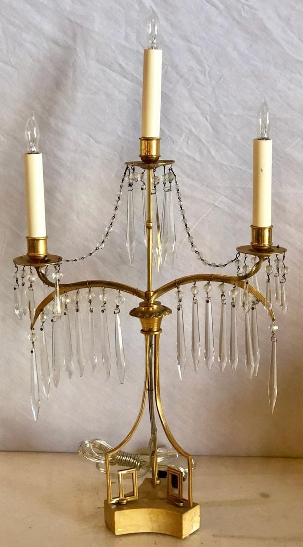 Pair of 19th Century Russian Neoclassical Table Lamp, Dore Bronze, Crystal - 2
