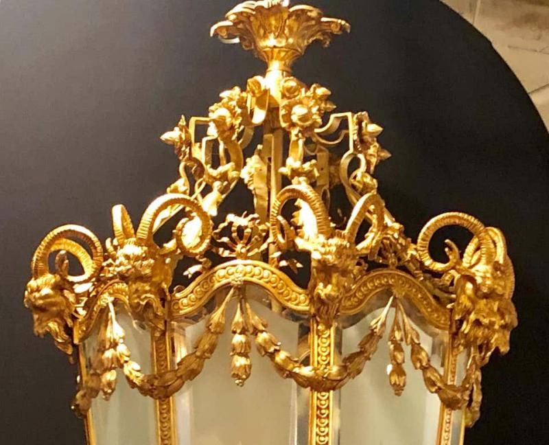 Pair of Monumental Louis XVI Style Doré Bronze Large Rams Head Lanterns - 2