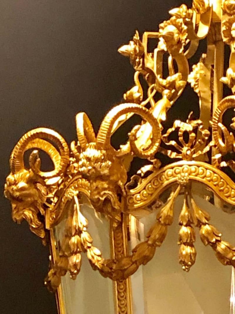 Pair of Monumental Louis XVI Style Doré Bronze Large Rams Head Lanterns - 6