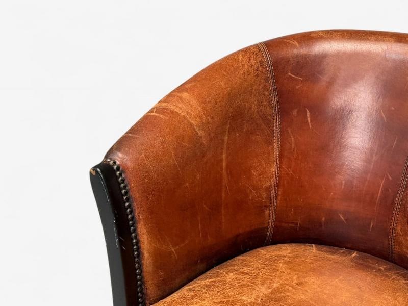 Georgian Style, Distressed Brown Leather, Stained Wood, Tub Chair, USA, 1960s - 4
