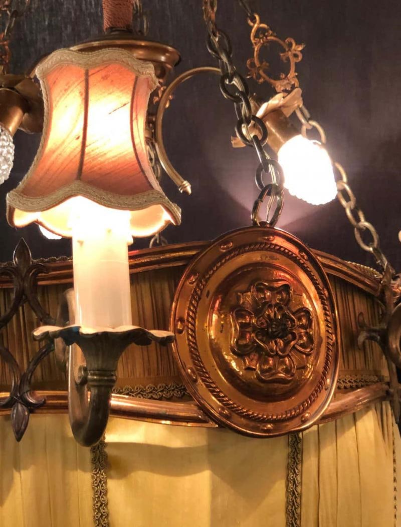 Palatial Light Fixture in Copper, Brass and Iron with Silk Dome Shade - 2