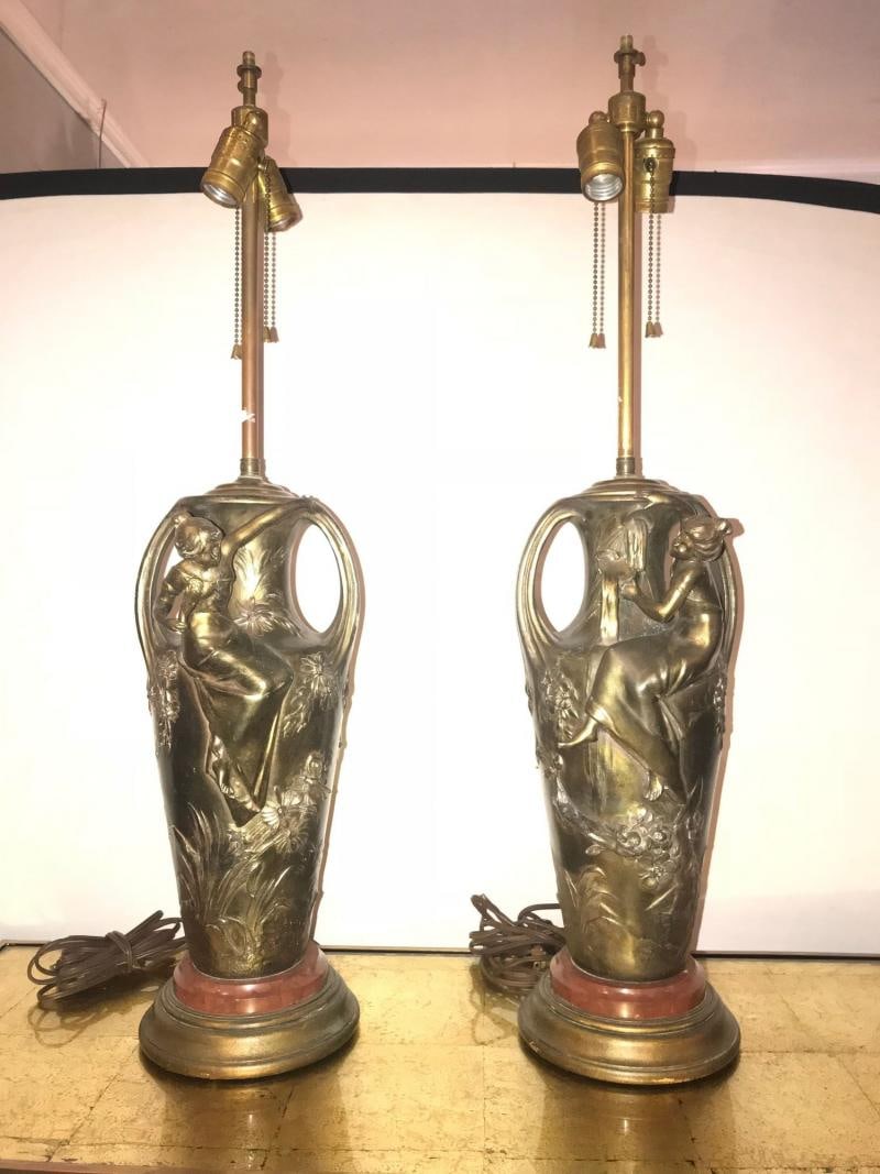 Pair of Art Nouveau Figural Urns Mounted as Lamps - 2