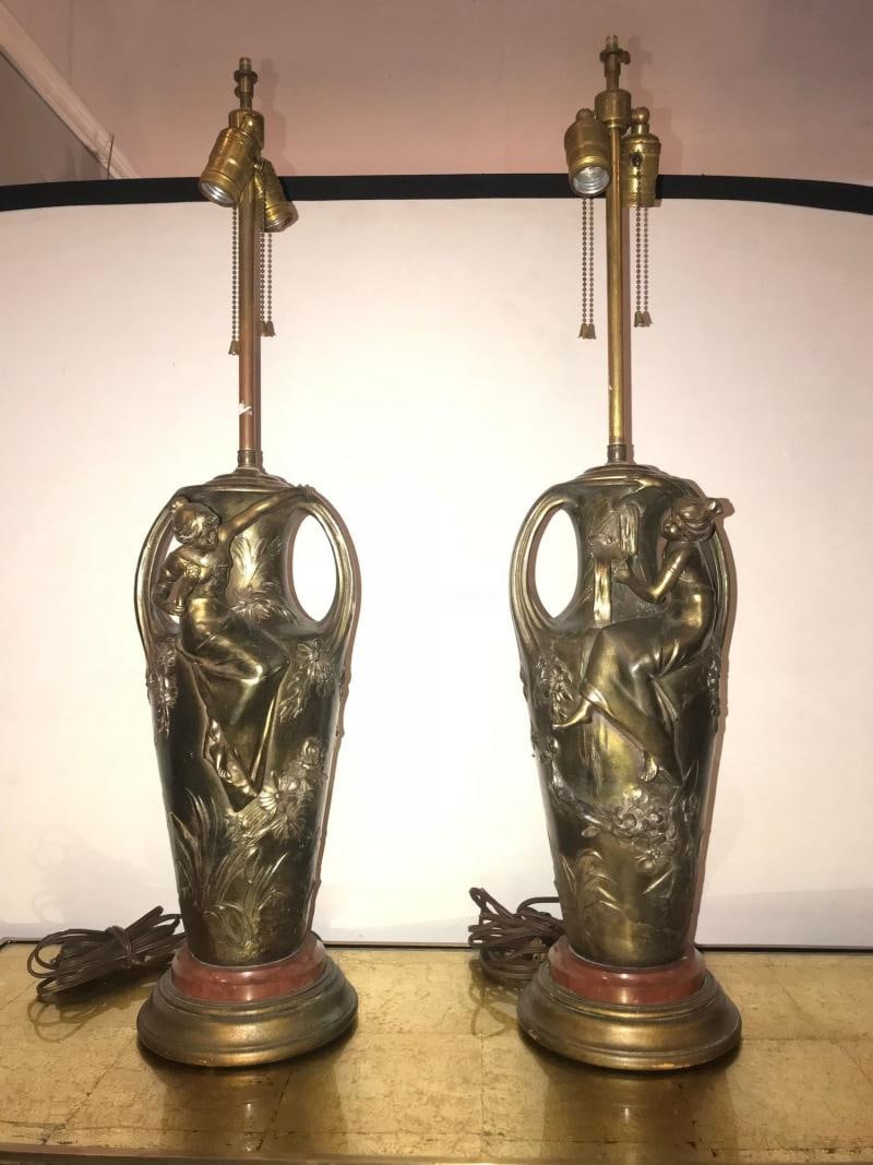 Pair of Art Nouveau Figural Urns Mounted as Lamps - 3