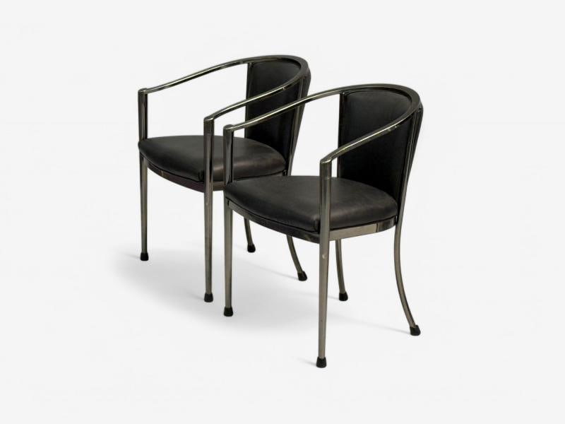 Karl Springer Style, Mid-Century Modern, Gunmetal, Leather, Armchairs, 20th c. - 6