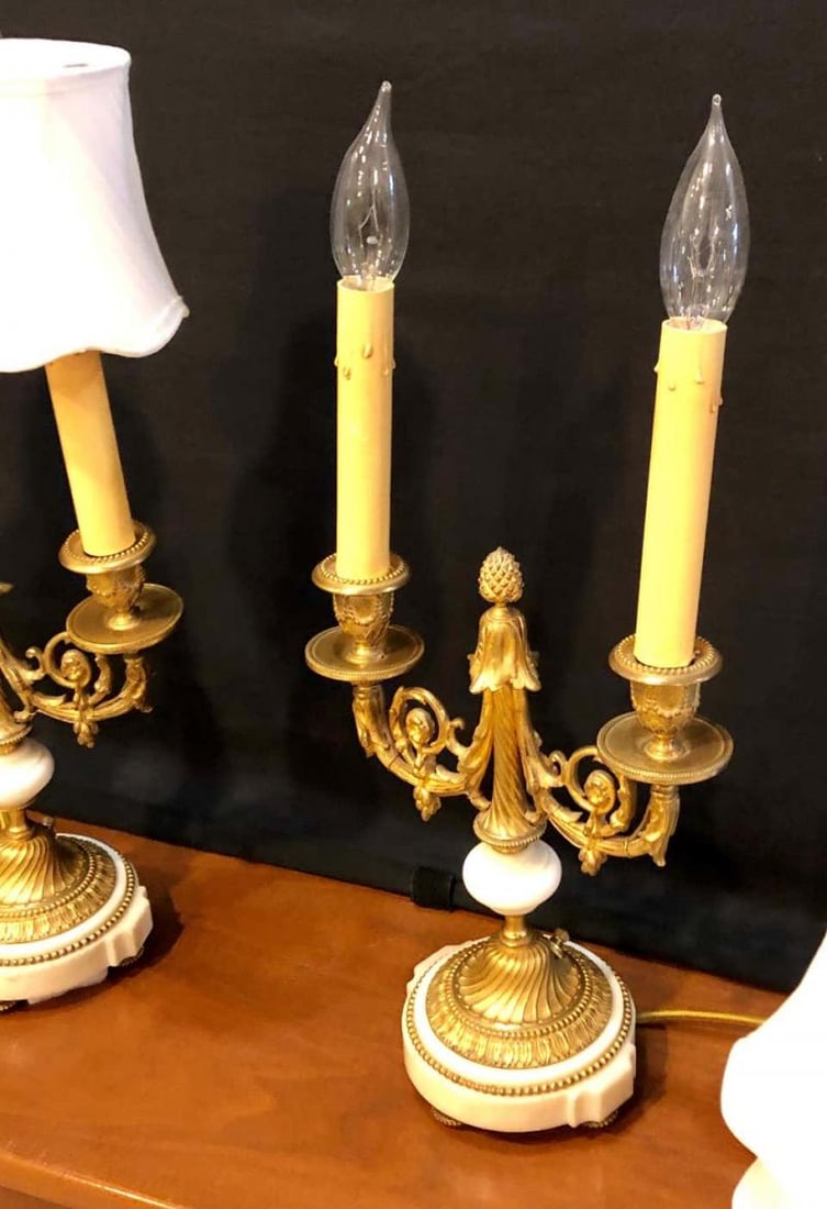 Pair of French Louis XVI Style Dore Bronze and Marble Candelabra or Table Lamps - 4