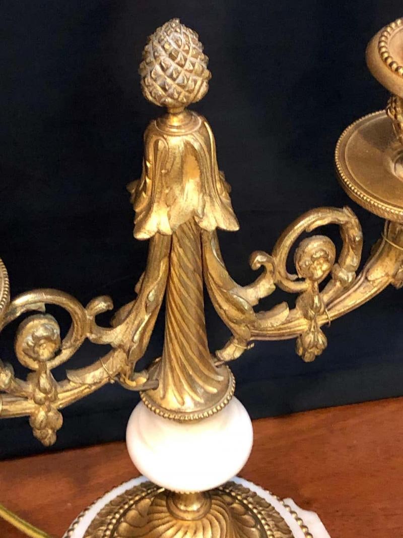 Pair of French Louis XVI Style Dore Bronze and Marble Candelabra or Table Lamps - 5