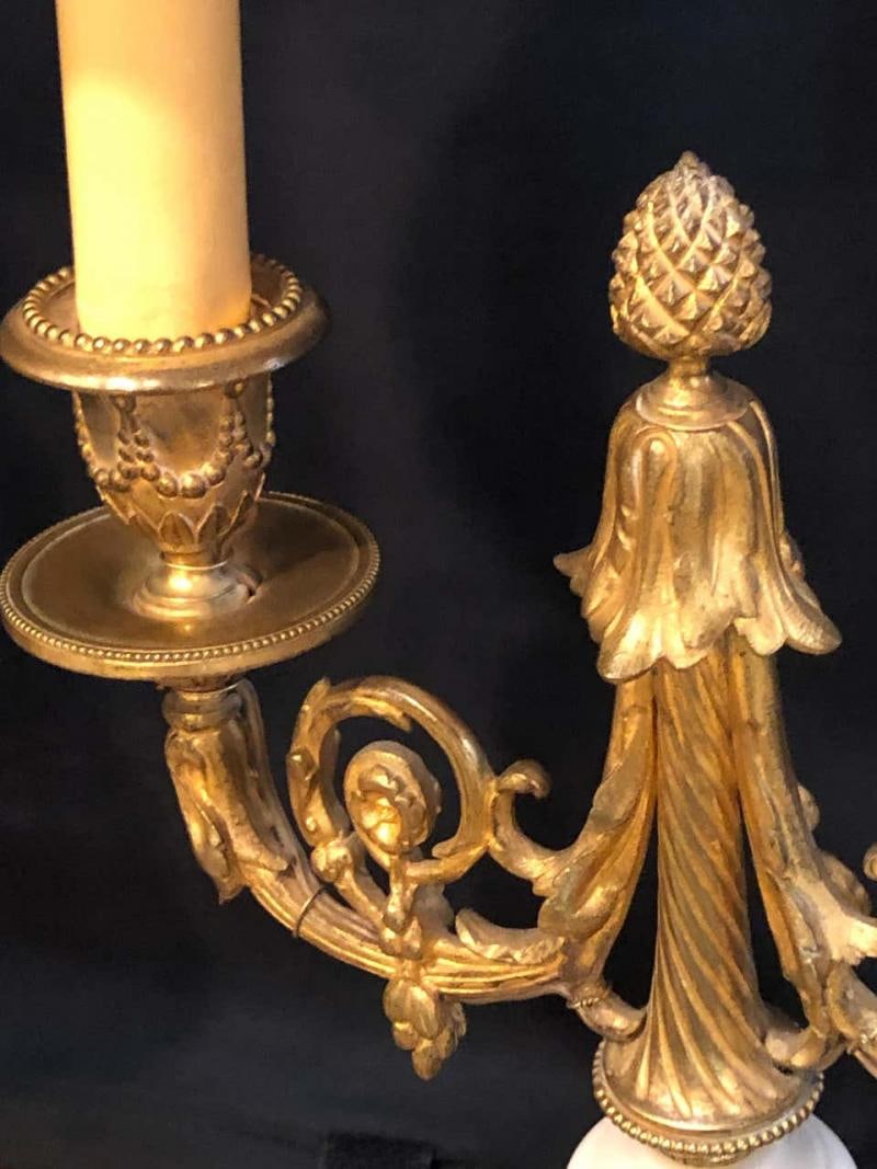 Pair of French Louis XVI Style Dore Bronze and Marble Candelabra or Table Lamps - 7