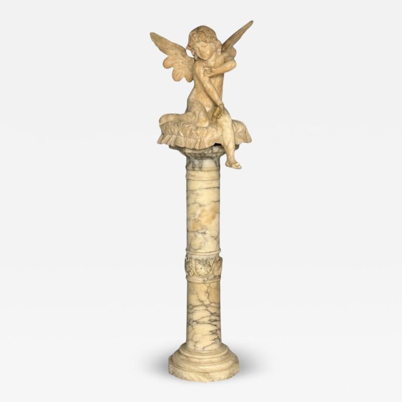 Neoclassical, Winged Angel On Pillow, Alabaster Statue on Pedestal, Italy, 1920s: Title: Neoclassical, Winged Angel On Pillow, Alabaster Statue on Pedestal, Italy, 1920s Description: Description 1: Neoclassical, Winged Angel On Pillow, Alabaster Statue on Pedestal, Italy, 1920s Thi
