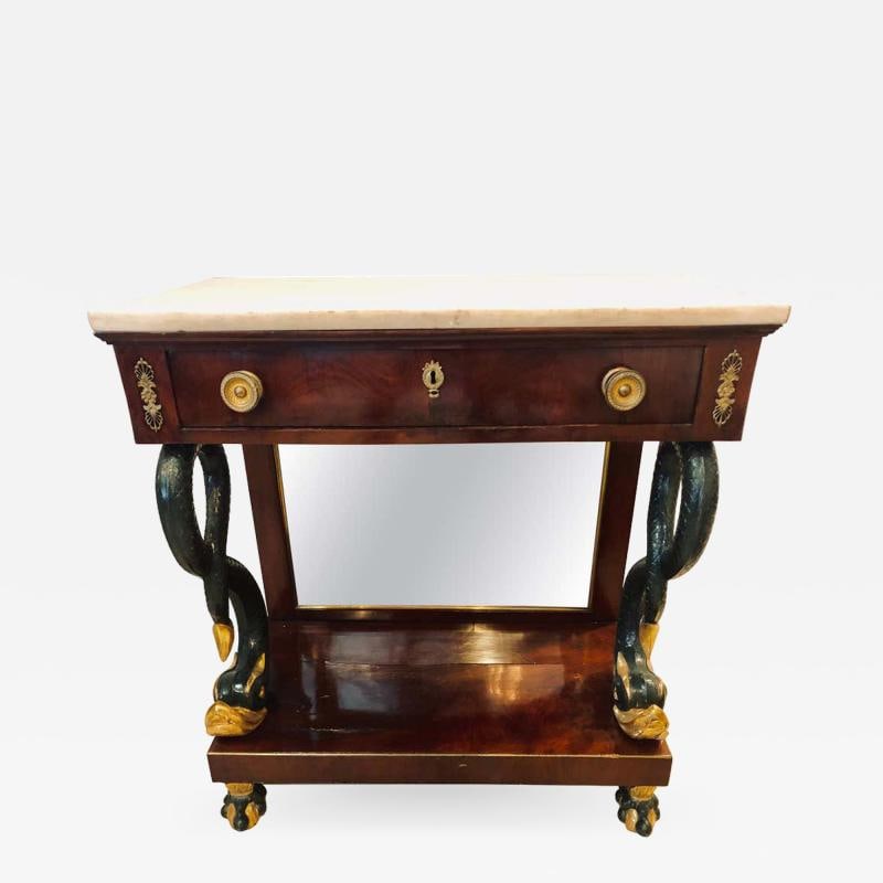 19th Century Empire Serpent Paint & Gilt Decorated Mirrored Back Pier or Cons: Title: 19th Century Empire Serpent Paint & Gilt Decorated Mirrored Back Pier or Cons Description: Description 1: An early 19th century Empire serpent paint and gilt decorated mirrored back pier or con