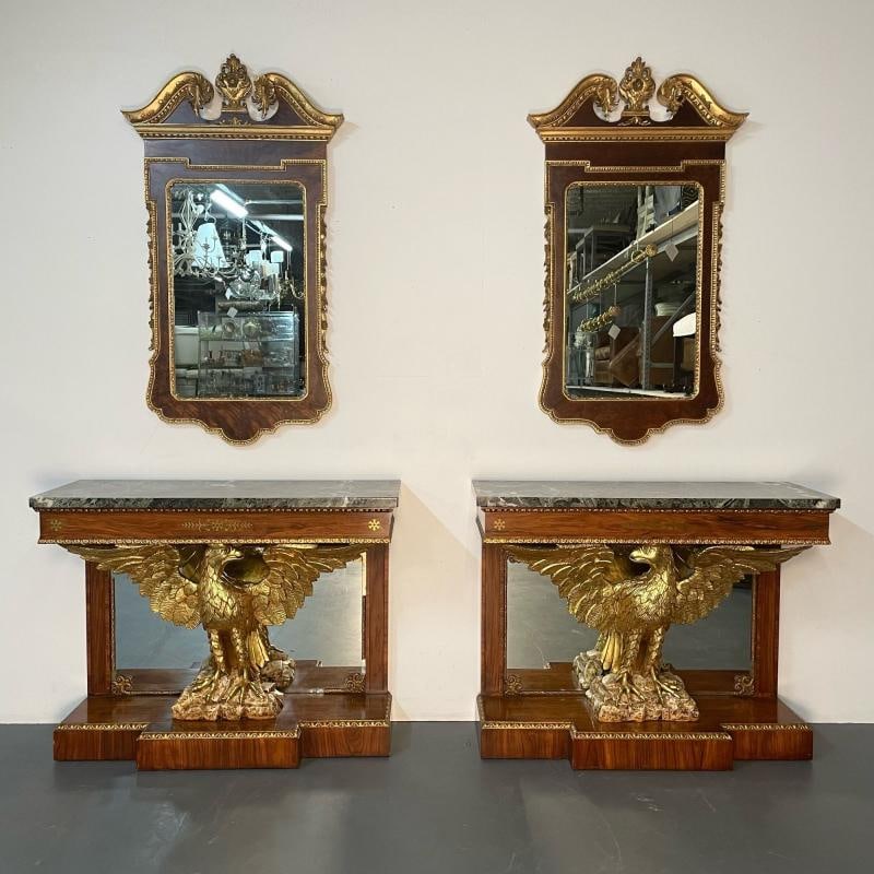 19th Century Federal Style Console Tables, Mahogany, Opposing Eagles, Marble - 7