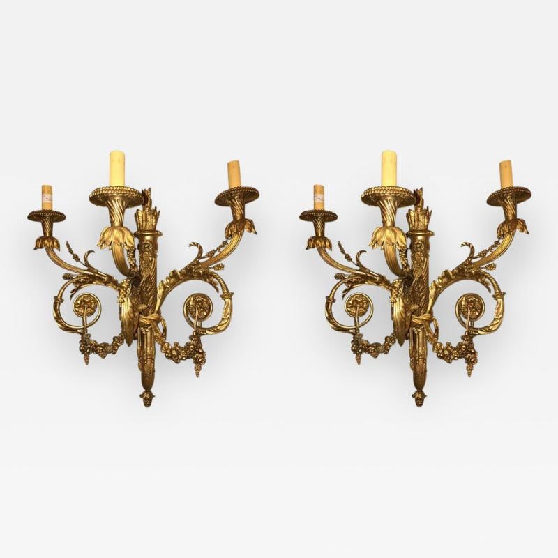 Pair of Monumental Three-Light Sconces Solid Bronze Louis XVI Style (1 of 10)