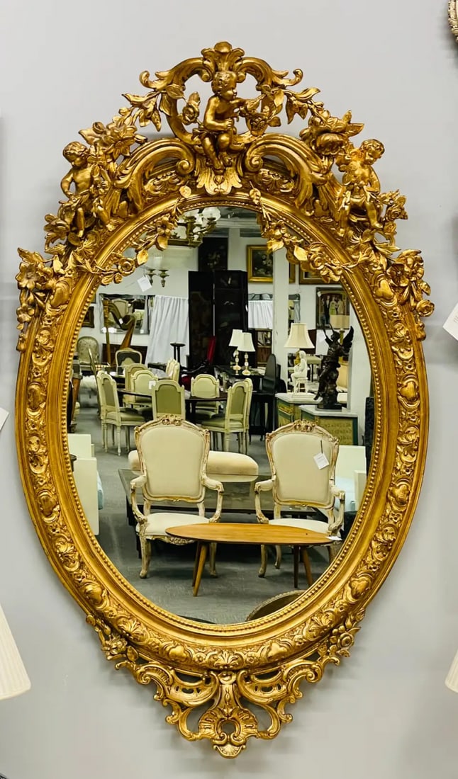 19th Century Palatial Giltwood Wall or Console Mirror Adorning Three Cherubs - 6