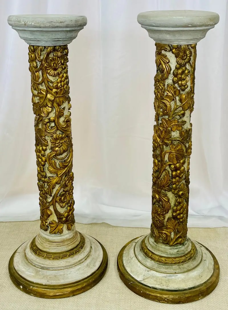 Pair of Giltwood and Paint Decorated Italian Columns, Pedestals, Gustavian Style - 3