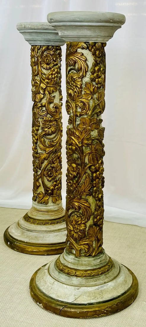 Pair of Giltwood and Paint Decorated Italian Columns, Pedestals, Gustavian Style - 5