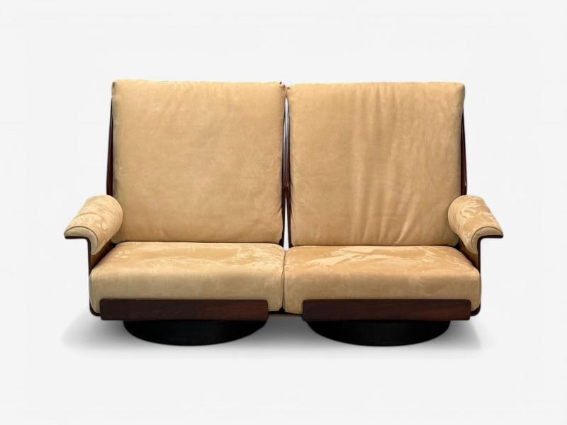Bernard Brunier, French Mid-Century Modern, Rosewood, Suede, Settee, 1960s - 3