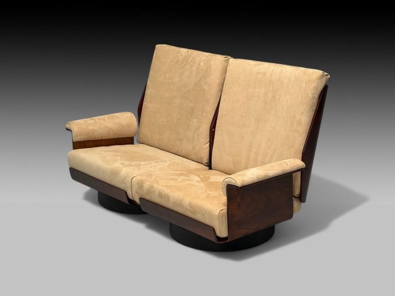 Bernard Brunier, French Mid-Century Modern, Rosewood, Suede, Settee, 1960s - 4