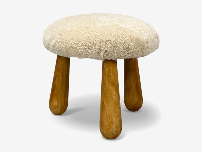 Danish Modern Style, Sheepskin Stools, Beige Shearling, Maple, USA, 21st c. - 7