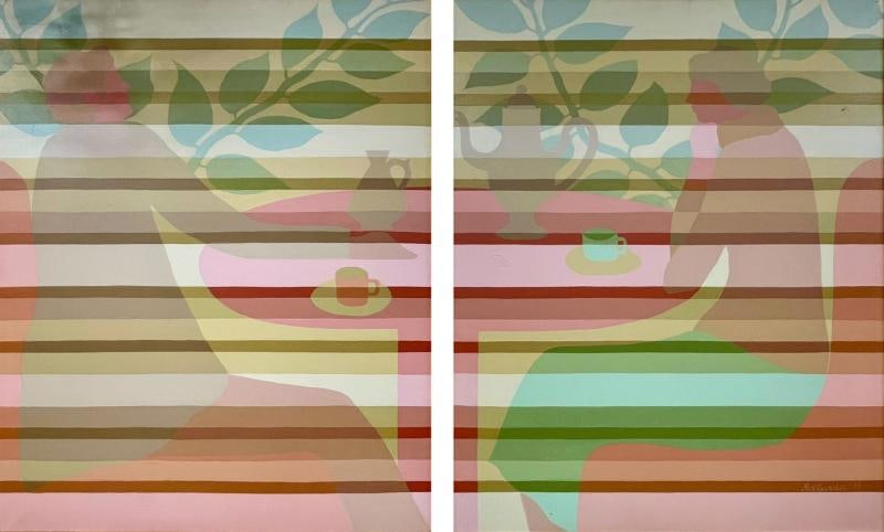 Pair of Mid-Century Framed Oil on Canvas, 'Tea Time' Signed Melbardis, 1979 (1 of 10)