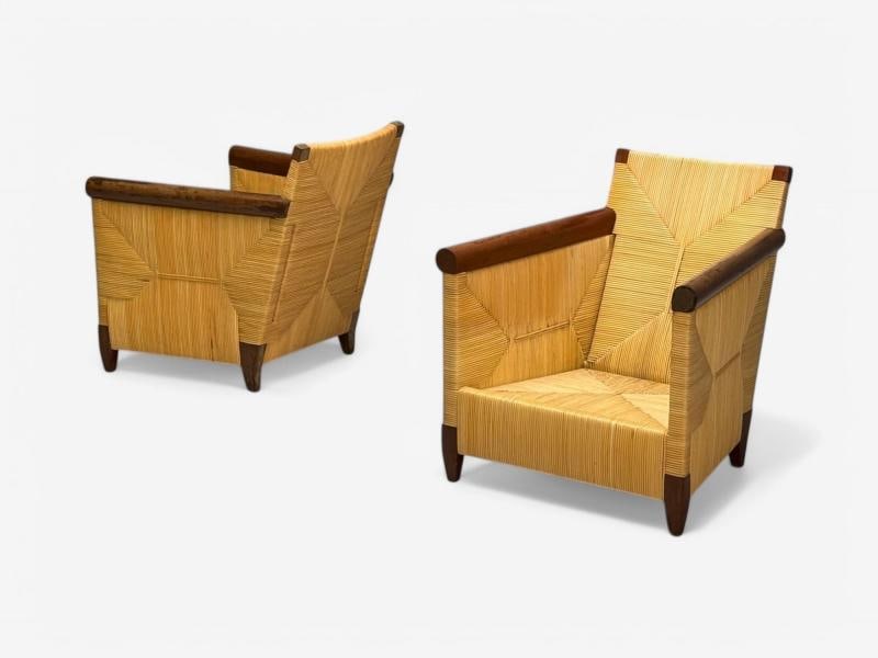 John Hutton, Donghia, Mahogany, Wicker Cane, Merbau Lounge Chairs, USA, 1995 - 4
