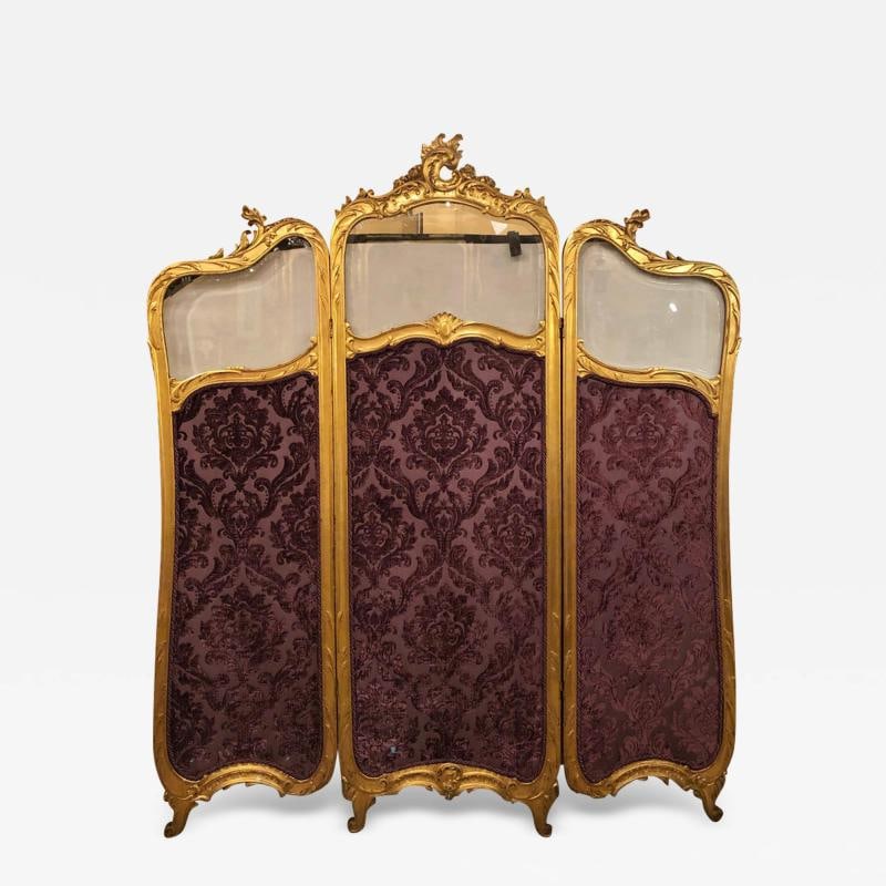 19th Century Louis XV, Giltwood Three Fold Screen with Original Glass Panels (1 of 13)