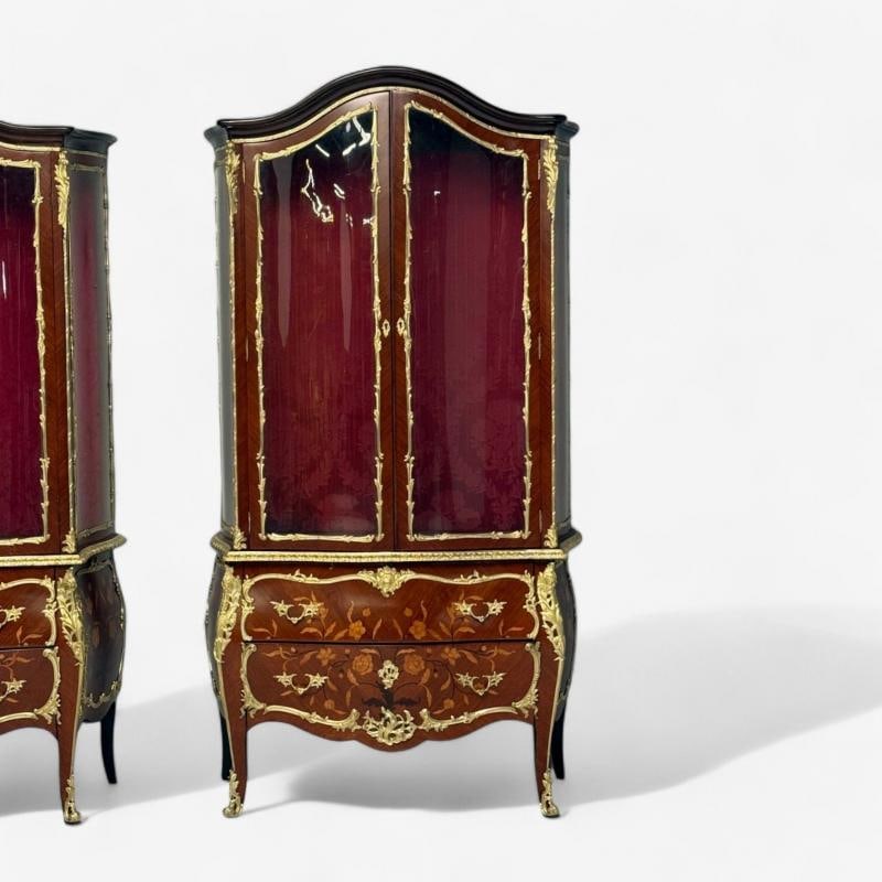 Louis XV Style, Bombe Vitrines, Ormolu Bronze, Inlaid Marquetry, France, 19th - 5