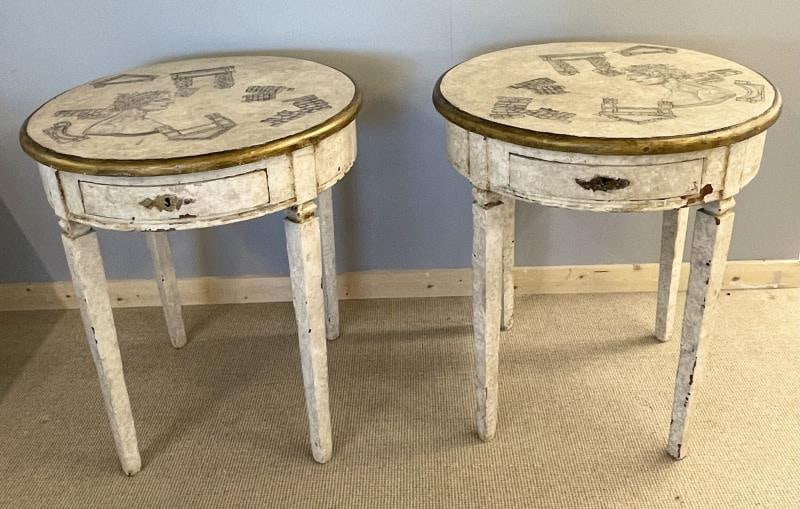 Gustavian Pair of End, Side Tables, Swedish Paint Decorated, Fornasetti Style - 10
