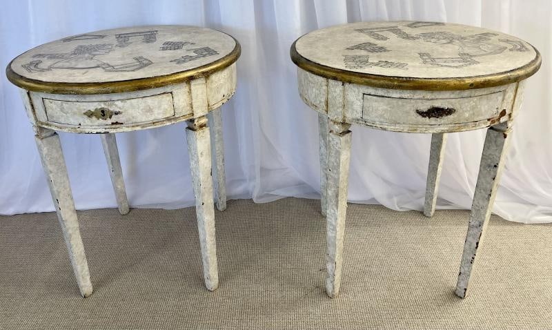 Gustavian Pair of End, Side Tables, Swedish Paint Decorated, Fornasetti Style - 3