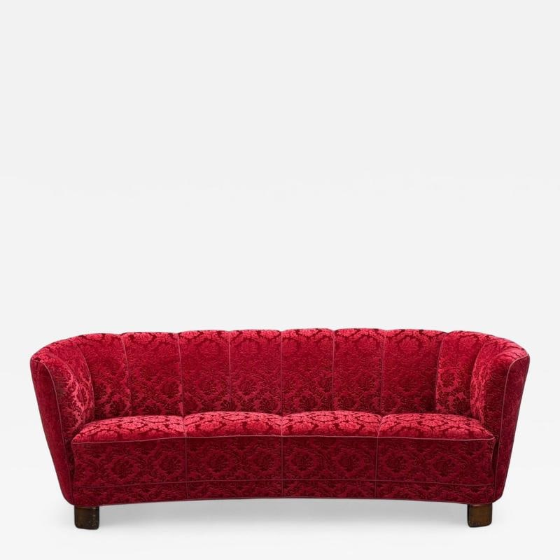 Danish Cabinetmaker, Oak, Fabric, Curved Banana Sofa, Denmark, 1960s: Title: Danish Cabinetmaker, Oak, Fabric, Curved Banana Sofa, Denmark, 1960s Description: Description 1: Danish Cabinetmaker, Scandinavian Mid-Century Modern, Oak, Fabric, Curved Banana Sofa, Denmark, 