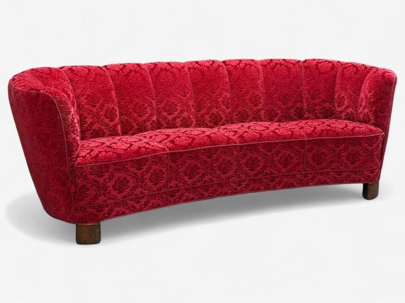 Danish Cabinetmaker, Oak, Fabric, Curved Banana Sofa, Denmark, 1960s - 2
